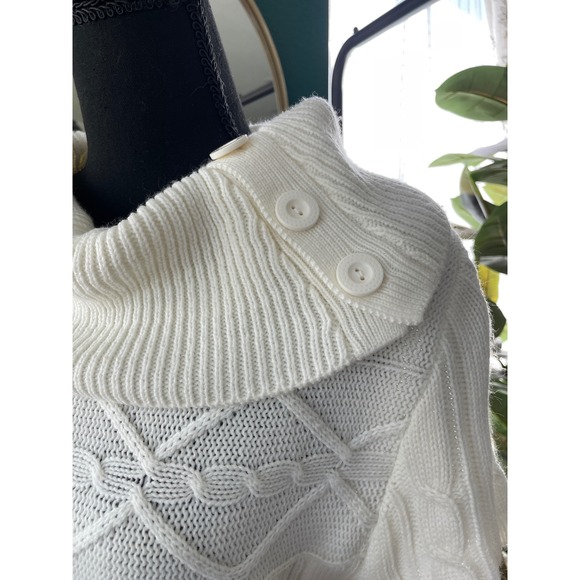 Dressbarn Cable Knit Sweater Dress Womens 14 White Short Sleeve Button Cowl Neck - Picture 5 of 10